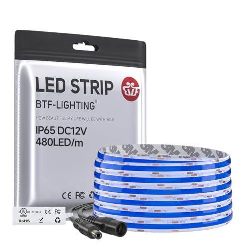 Image of BTF-LIGHTING FCOB IP65 Waterproof Blue Color COB LED Strip 16.4FT DC12V 480LED /m 8mm Width Flexible High Density CRI 90+ Dimmable LED Light for Home Indoor Decor(No Controller or Adapter)