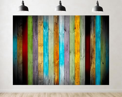 Trykid 12x8ft Colorful Rainbow Wood Plank Backdrop Boho Vintage Fun