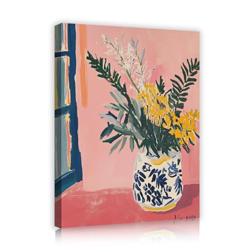 Toile florale vase par la fenêtre pour une ambiance de salon scandinave zen
