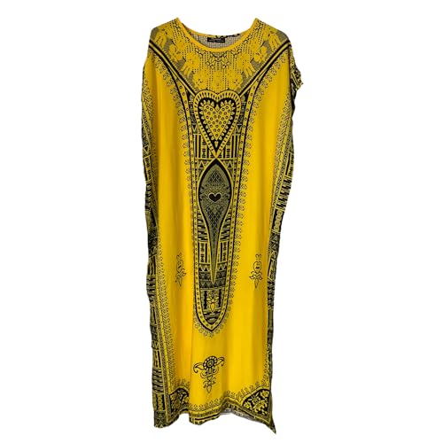 Kiran Fashion New Womens Long Maxi Cotton Kaftan Dress Summer Dashiki African Beach Cover One Size (Yellow)