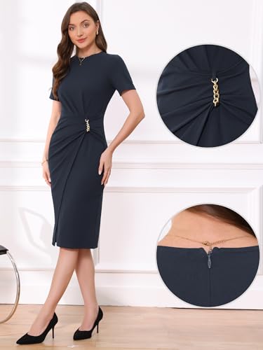 Allegra K Work Dresses for Women Short Sleeve Crew Neck Wrap Business Office Sheath Dress 20252