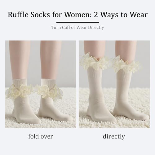 Image of Women Big Ruffle Ankle Socks Adult Double Lace Frilly Socks Fold Cuff Cotton Ruffled Dress Crew Bobby Bride Sock