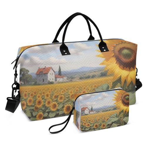 Large Travel Duffel Bag, Sunflower Waterfolor Sports Tote Gym Bag, Shoulder Weekender Overnight Bag for Women Men, Carry On Luggage with Toiletry Bags