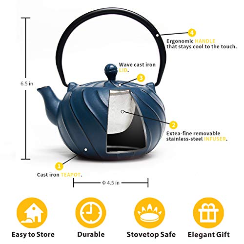 Tea Kettle, TOPTIER Japanese Cast Iron Teapot with Infuser, Stovetop Safe Cast Iron Tea Kettle, Wave Design Cast Iron Teakettle Coated with Enameled Interior for 22 oz (650 ml), Navy Blue - Thumbnail 2