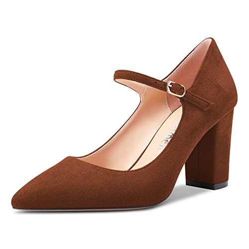 Castamere Women Mid Chunky Block Heel Pointed Toe Pumps Mary Jane Ankle Strap Buckle Party Dress Shoes 3.3 Inches Heels
