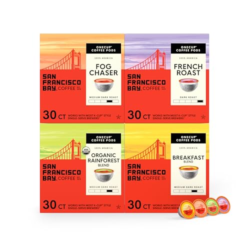 Image of San Francisco Bay K-Cup Coffee Pods Favorite Four Variety Pack (120 ct), Includes French Roast, Fog Chaser, Organic Rainforest, & Breakfast Blend, Commercially Compostable Single-Serve Coffee Pods