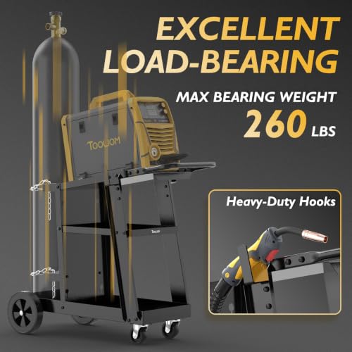 Image of TOOLIOM 3-Tier Welding Cart with Tilted Top, 260 lb Capacity | Organized tool storage, two retaining chains, room for shop essentials, easy positioning around the shop