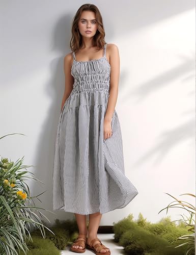 Women's 2025 Summer Striped Smocked Maxi Dress Sleeveless Boho Sundress Double Strap Flowy Swing for Beach Vacation4