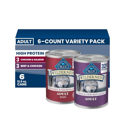 Blue Buffalo Wilderness Adult Wet Dog Food Variety Pack Beef & Chicken Grill 32g Protein and Chicken & Salmon Grill 35g Protein Grain-Free & High-Protein Natural 12.5-oz. Each (6 Cans)