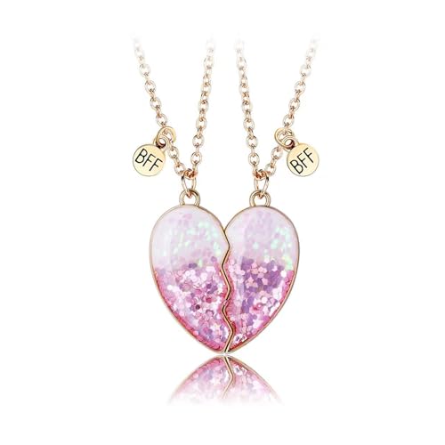 Best Friend Necklaces for 2 Girls BFF Necklaces Friendship Gifts for Women BFF Necklace for 2 Best Friend Heart Matching Gifts for Bestie Birthday Gift Jewellery for Women (Sequin Pink)