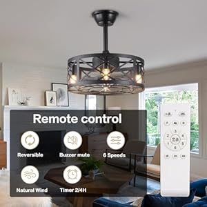Fandelier Caged Ceiling Fan with Light, Farmhouse Bladeless Ceiling Fans with Lights and Remote, Small Rustic Ceiling Fans with Lights for Kitchen, Bedroom, Living Room, Black Fandelier Caged Ceiling Fan with Light Farmhouse Bladeless Ceiling Fans with Lights and Remote Small Rustic Ceiling Fans with Lights for Kitchen Bedroom Living Room Black