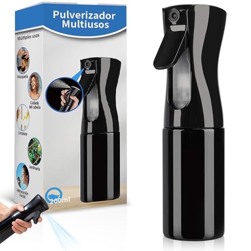 Bote Spray Pulverizador (NEGRO), Pulverizador de Agua Niebla Fina de 200 ml, Pulverizador agua peluquería, Pulverizador Continuo, Spray para el Pelo, para Mascota, Cuidado de Plantas, para Limpieza