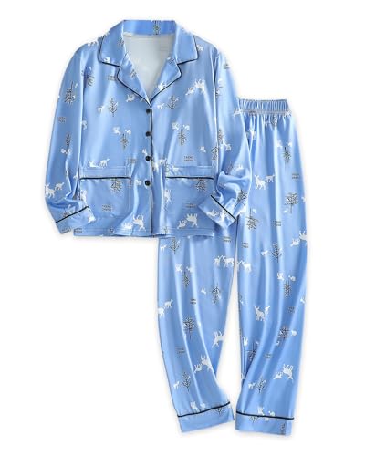 Xumplo Schlafanzug für Jungen, langärmelig, Knopf, 2-teilig, Rentier-Druck, Loungewear, Nachtwäsche, 6–14 Jahre, blau, 11-12 Years