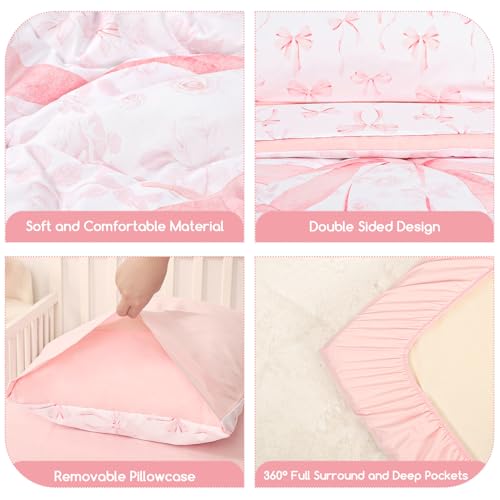 Image of 4 Piece Toddler Bedding Set, Ultra Soft and Breathable Toddler Comforter Sets for GirlsIncludes Quilted Comforter, Fitted Sheet, Flat Sheet and Pillowcase, Pink Bow