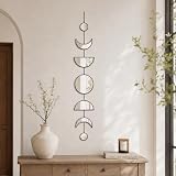 HMANGE 7 Pcs Moon Phase Wall Decor, Acrylic Mirror with Wooden Backboard, Boho Hanging Moon Cycle Wall Art for Bedroom Living Room Home Decor