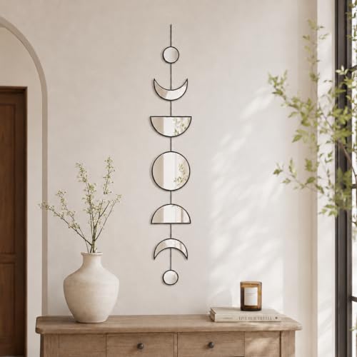 HMANGE 7 Pcs Moon Phase Wall Decor, Acrylic Mirror with Wooden Backboard, Boho Hanging Moon Cycle Wall Art for Bedroom Living Room Home Decor