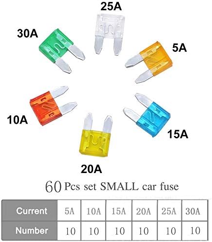 60PCS Mini Zinc Car Fuses Assortment Kit 5A/10A/15A/20A/25A/30A Car Boat Truck SUV Replacement Fuses with Storage Case