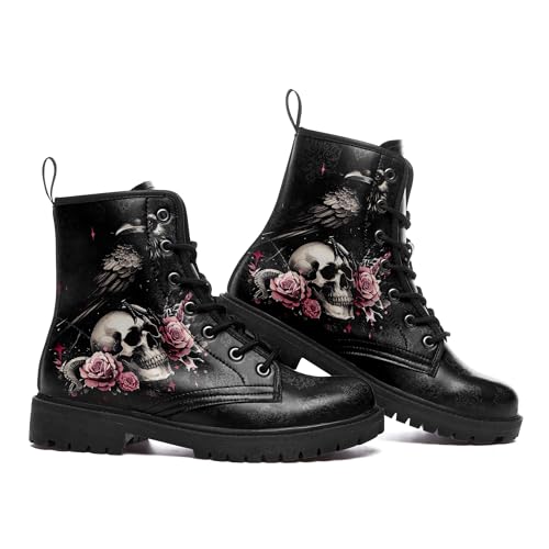 Womens Mens Gothic Combat Boots – Punk Rock Vegan Leather Ankle Booties Anti-Slip Skull & Roses Black Platform Work Boots2