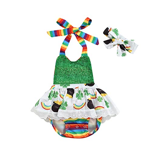 0-2T Baby St Patrick s Day Outfits Newborn Infant Girl Halter Romper Sequin Dress Green Clover Onesie Tutu Skirt (Rainbow, 18-24 Months)