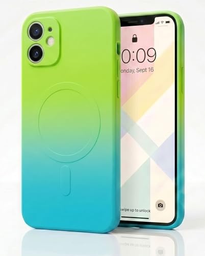 Image of amazon basics Gradient Mag-Safe Case for iPhone 11 | Soft Silicone Shockproof Cover with Camera Protection | Slim Lightweight Design | Smooth Touch & Durable - Green & Blue