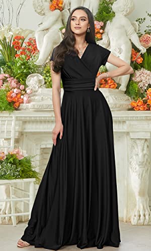 Koh Koh Plus Size Womens Long Cap Short Sleeve V-Neck Flowy Cocktail Slimming Summer Sexy Casual Formal Sun Sundress Work Cute Gown Gowns Maxi Dress Dresses, Black 2Xl 18-20 #TOP1