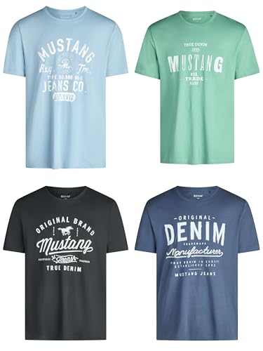 MUSTANG Męski t-shirt z nadrukiem z przodu, okrągły dekolt, krótki rękaw, regularny, 100% bawełna, czarny, biały, szary, niebieski, zielony, 4 szt., Miks kolorów (P21), 5XL