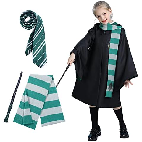 Alaiyaky Wizard Cloak Costume Set for Kids,5 Pcs Halloween Magic Robe Costume with Scarf,Wand,Tie,Glasses (Kids-Green, 155) Cover