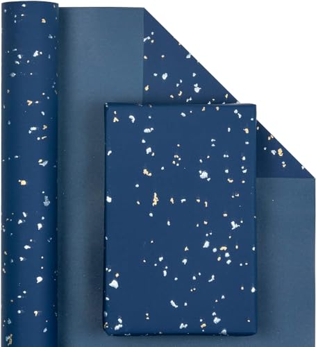 MAYPLUSS Thick Wrapping Paper Roll - 17Inch x 16.5Feet - Masculine Black Gold Shiny Flakes on Matte Dark Navy Blue Heavy Gift Wrap Paper w/Silky Touch for Father\'s Day, Birthday, Holiday, Christmas