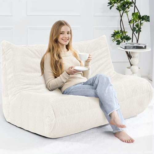 Image of Bean Bag Chair,Giant Beanbag Chairs for Adults,Comfy Large Fireside Chair Lazy Sofa,Corduroy Bean Bag Lounger with Memory Foam Filled,Floor Sofa Couch for Home,Living Room (Beige, Loveseat)