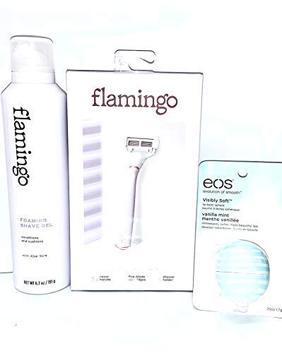 Flamingo Rose Gold Taro Razor, Shave gel and EOS Vanilla Mint Lip Balm Bundle