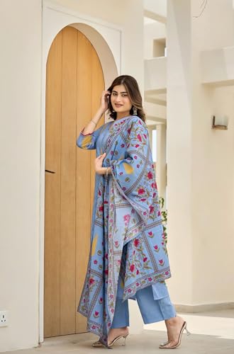 Image of GoSriKi Women's Rayon Viscose Printed Straight Kurta with Pant & Dupatta