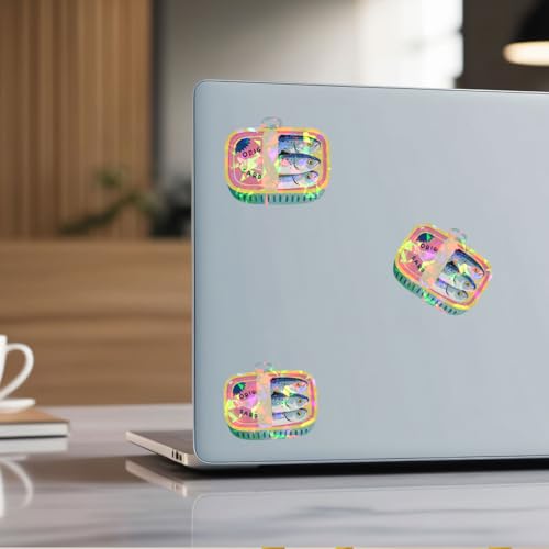 Image of 3 Pcs Kawaii Style Sardines Sticker, in Can Fish Sticker, Dark Humor Funny Bumper Die-Cut Vinyl Sticker 3 Inches for Water Bottles Laptop Phone Car Ski Helmet (Hologram, 3 inch)