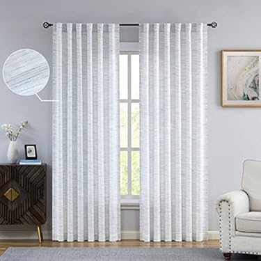 AMAZON - Indigo Blue Herringbone Stripe Linen Texture Semi Sheer Recyclable Curtain Panels Farmhouse with Rod Pocket Back Tab Stripe Window Treatment for Living Room Bedroom, 54″x95″x2, Indigo/White
