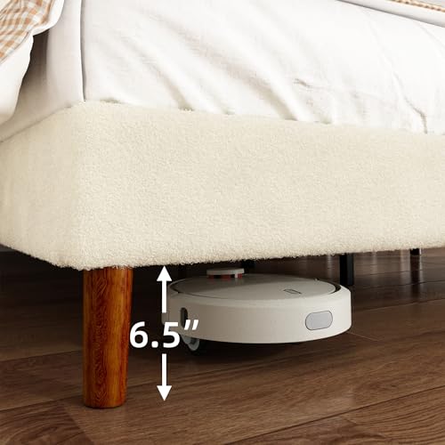 Queen Bed Frame, Boucle Upholstered Platform Bed with Iron & Wood, Beige - image 8