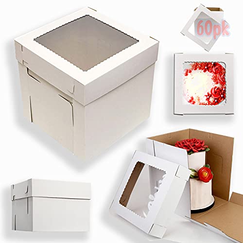 VTPT Ecom 60 Pack Tall Cake Boxes with Window for Tall Large Cakes 12x12 10x10 inches Bakery Pastry Boxes Disposable Cake Container12 inch 10 inch 8 inch tall (12x12x8) (CB60PK)