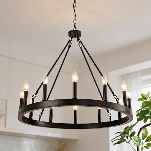 YPMS Black Wagon Wheel Chandelier 32 Inch 12-Light Industrial Farmhouse Ceiling Light Fixture Round Modern Rustic Chandelier for High Ceiling Living Room Dining Room Foyer Entryway Covered Porch