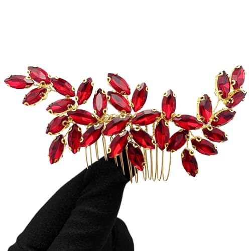 PRETTYLIFE Bridal Burgundy Hair Accessories Wedding Red Rhinestone Flower Gold