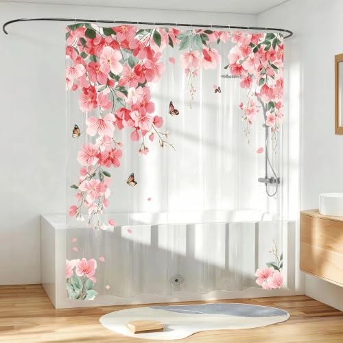 CAPQL Clear Pink Floral Shower Curtain Liner, Pink Plastic Transparent Pretty Shower Curtains for Bathroom, 72x72 Weighted Magnetic Shower Curtain Set with 12 Hooks by CAPQL - Used condition - Image 4