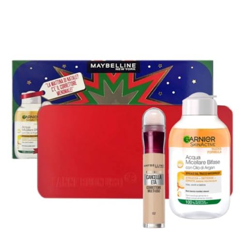 Maybelline Geschenkset für Damen, Korrekturreiniger ETA 02 und Garnier, zweiphasiges Mizellenwasser, 100 ml, mit Tasche