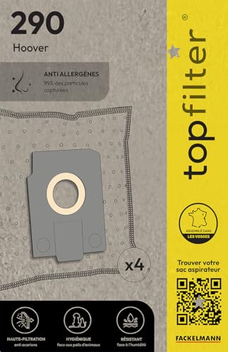 TopFilter 64290 Lot de 4 sacs aspirateur Hoover Alpina, sac aspirateur, poche aspirateur, accessoire aspirateur, Non tissé polypropylène, Carton, Caoutchouc, 30 x 26 cm
