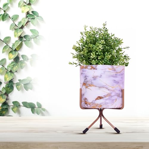 Image of CINAGRO Metal Flower Vase Planter Pot with Iron Stand, Pots for Plants, Plant Pots for Home Decoration, Succulent Pot, Indoor Planter Garden Decor Style: Marble Mirage White