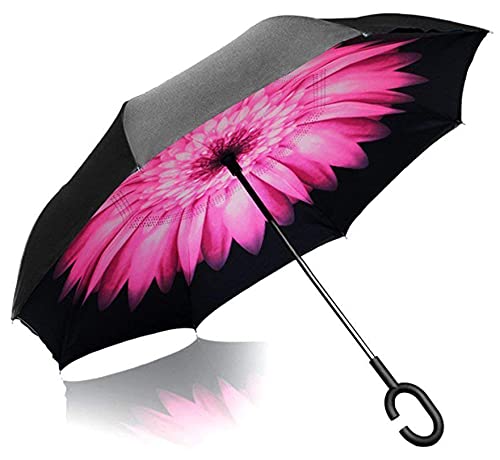 Qualimate Umbrella with C-Shaped Handle Double Layer Inside-Out Inverted Reversed Folding Umbrella Windproof, UV Protection, Self-Standing Best for Travelling Big Umbrella - Pack of 1 (Multi Color)