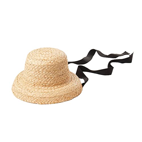 Kids Wide Brim Straw Sun Hat with Adjustable Tie for Outdoor Beach Activities Summer Sun Protection- 52cm Black Tie