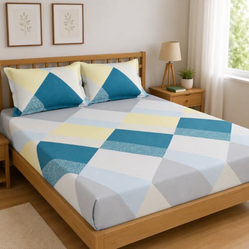 Image of Premium Cotton Fitted Bedsheet King Size 78 x 72 x 8 Inches with 2 Pillow Covers | 220 TC | All-Around Elastic Deep Pocket Bed Cover | Teal Blue Lemon Geometric