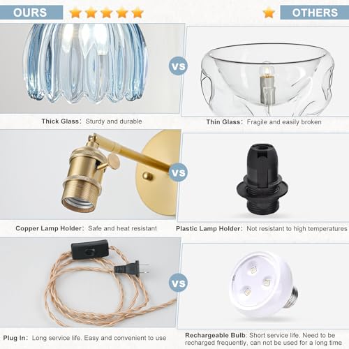 Image of Plug in Wall Sconces Set of 2, Vintage Wall Sconce Light with Tulip Denim Blue Glass Lampshade, Bedroom Wall Sconce with Switch and Plug in wall lamp Cord, Gold Wall Light Wall Decor Set of 2