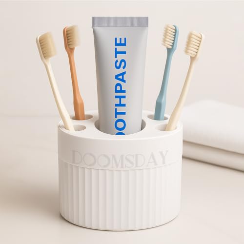 Image of DOOMSDAY 4 Toothbrush, 1 Toothpaste Organizer Caddy - Multipurpose Bathroom Storage Rack for Family Use - Waterproof, No-Drill Installation, Modern Design Holder for Bathroom