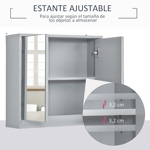 HOMCOM Armario de Baño con Espejo con 2 Puertas y Estante Ajustable Mueble Colgante de Baño para Aseo Estilo Moderno 48x14,5x45 cm Gris - imagen 4