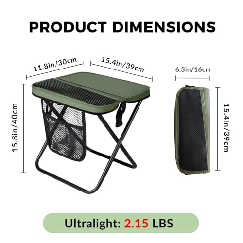 Image of Portable Folding Stool - 16 inch Tall Collapsible Backpack Stool with Storage Pouch, Hands-Free Carry & Supports 300 lbs, Ultralight for Hiking, Fishing, Camping, Festivals (Green, Large)