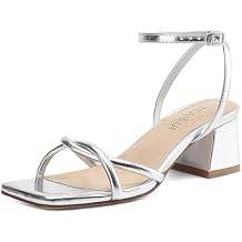 TEAIEUI Chunky Heels for Women, Square Open Toe Heeled Sandals, Strappy Ankle Strap Shoes for Dress, Party, Prom, Block Low Heel 2 inch, Silver, Size 9.5