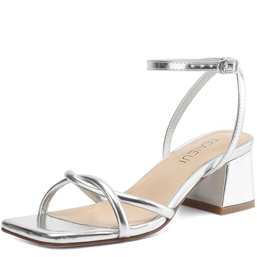 TEAIEUI Chunky Heels for Women, Square Open Toe Heeled Sandals, Strappy Ankle Strap Shoes for Dress...